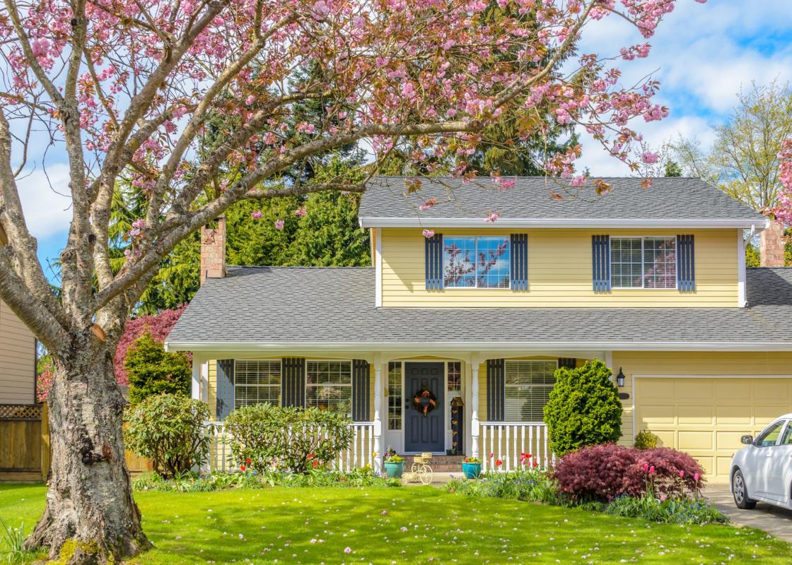 A home in the springtime, with trees flowering.